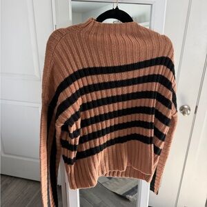 Striped Ribbed Knit Sweater - Light Brown with Black Stripes